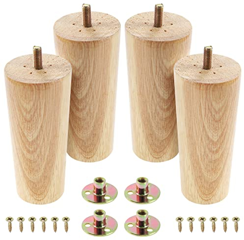 Knpwer 4 Stück 13cm Möbelfüße Holz Möbelbeine, Massivholz Beine Aus Eiche für Stühle Schrank Sofa Bett Couch, mit Montageplatten, Schrauben und Filzgleiter (Gerader Fuß)