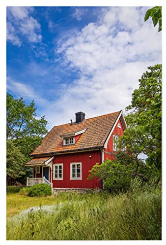 artboxONE Poster 90x60 cm Natur Gras, Bäume, Haus hochwertiger Design Kunstdruck - Bild öland blau gebäude