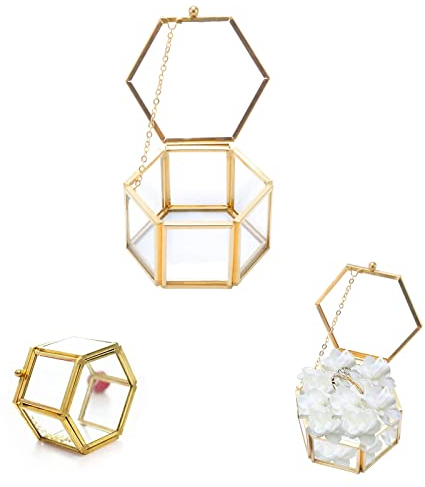 Hudiepan Schmuckkästchen aus Glas, transparent, geometrisch sechseckig, dekorativ zur Aufbewahrung und Präsentation von Halsketten, Glas, Messing und Metall