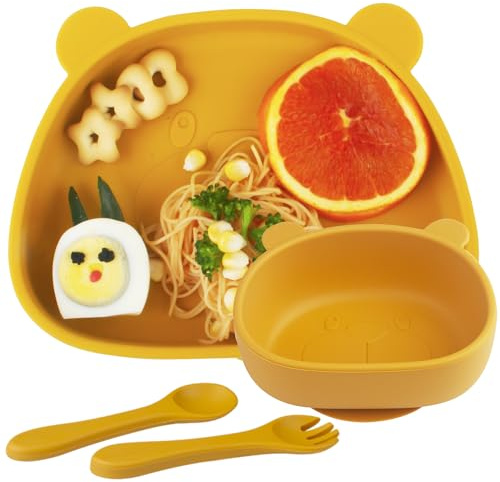 Piatto con Ventosa per Bambini in Silicone,Assiette Bébé 4 Set,Piatti Bambini Pappa Svezzamento Piatto con 1 Cucchiaio e 1 Forchetta, Piastra di Alimentazione per Neonati, Lavabile in Lavastoviglie