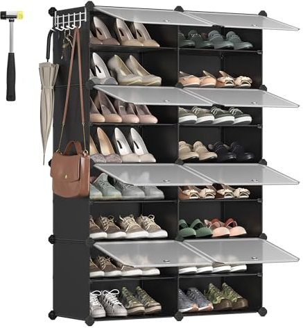 SONGMICS Interlocking Shoe Rack, Plastic Shoe Storage Cabinet, 8-Slot Modular Storage Organiser Unit, 30 x 40 x 30 cm for Each Slot, with Doors, Steel Frame, Plastic Panels, Black LPC034B01