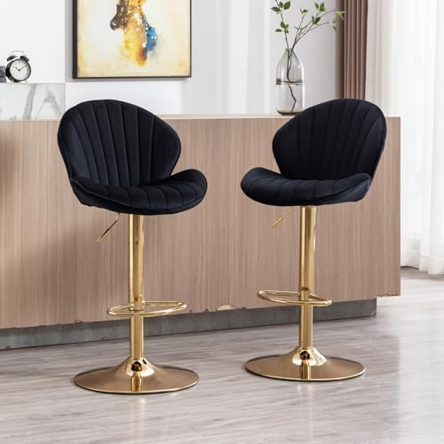 chairus Juego de 2 Taburetes de Bar Ajustable de Terciopelo Sillas de Bar con Patas Doradas, Taburetes de Cocina con Respaldo de Diseño para Cocina/Cafetería/Isla de Cocina, Negro
