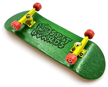 SPITBOARDS 32 mm fingerboard Complete Real Wood Set-Up (pre-assemblato, 5 strati), camion con scanalature, ruote portanti, nastro in schiuma, (ponte: verde, camion, giallo, ruote: rosso)