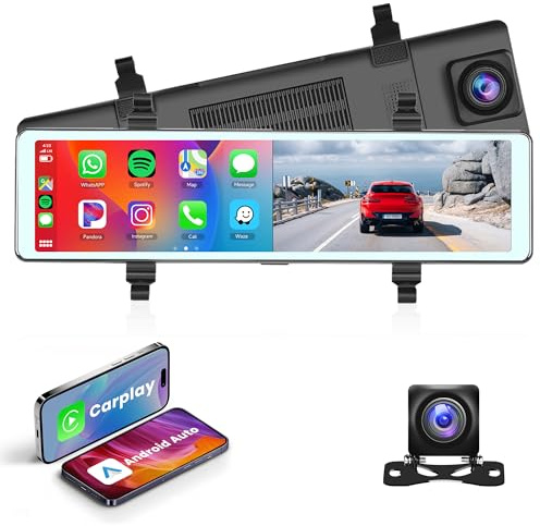 Rimoody Carplay Mirror Dash Cam Android Auto Wireless, 11.26 Touch Screen Rear View Mirror Backup Camera Front Dual Cameras Voice Control Loop Recording FM Transmitter Parking Assistance