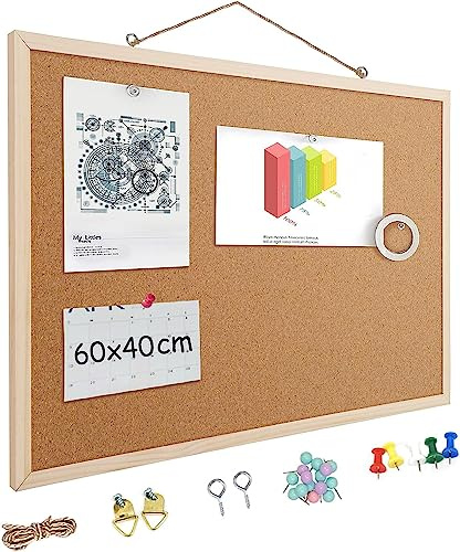 EasyVibe 60 x 40cm Cork Boards for Walls with Frame, 1 Pack Small Wood Framed Bulletins Board Decorative Hanging Pin Board, Corkboards for Wall Notice Board Memo Board