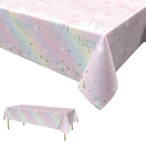 Regenbogen Party Tischdecke,Roségold Tischdecke Wasserdicht Plastik Tischtuch Sterne Diamant Geburtstag Party Dekorationen für Mädchen Frauen Geburtstag137 x 274cm