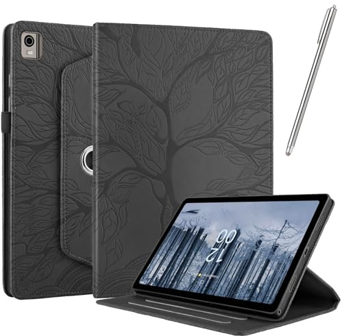 NETANY Hülle für Nokia T21 10.4 Zoll 2022 - PU Leder Schutzhülle Flip Hülle, mit Stifthalter und Stylus 360 Grad verstellbare Schutzhülle Lebensbaums - Schwarz