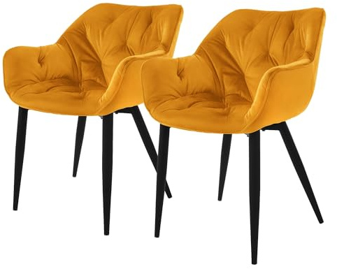 ML-Design Esszimmerstühle 2er Set Senfgelb, Küchenstuhl mit dickem Samtstoff gepolsterter Sitz, Metallbeinen, Wohnzimmerstuhl mit Rücken- und Armlehnen, Gesteppter Polsterstuhl, Ergonomischer Sessel