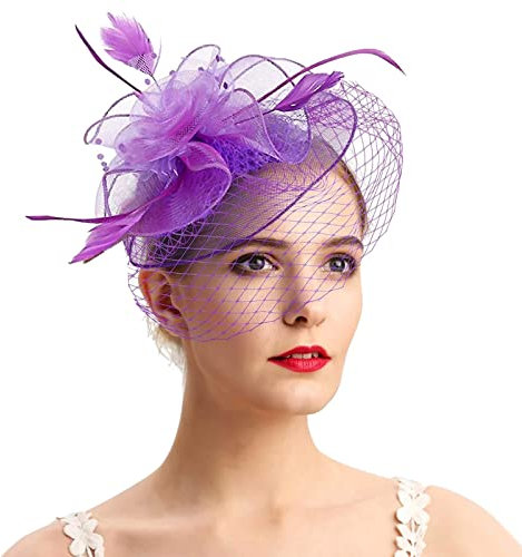 Fascinator Damen, Fascinator Damen Hut Blume Mesh Federn Kopfschmuck Braut Bankett Kopfbedeckung Hochzeit Cocktail Haarschmuck Jockey Club Tea Party Stirnband Flower Feder Headwear