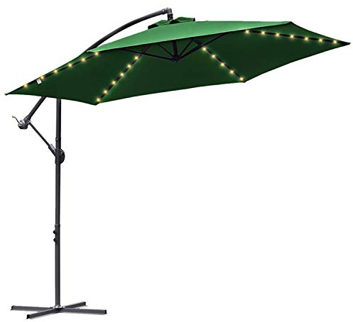 Eulenke Sonnenschirm LED Solar 300 cm, Ampelschirm mit Ständer und Kurbel, 6 Stahlverstrebungen, Neigungswinkel und Höhe verstellbar, Wasserabweisend und UV-Schutz Gartenschirm, Grün