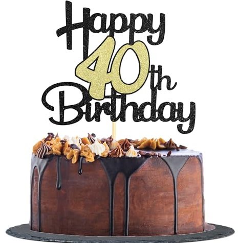 Sotpot 1PC Happy 40th Birthday Cake Topper Black Gold Glitter Cake Decoration for 40th Milestone Birthday Anniversary Party Supplies