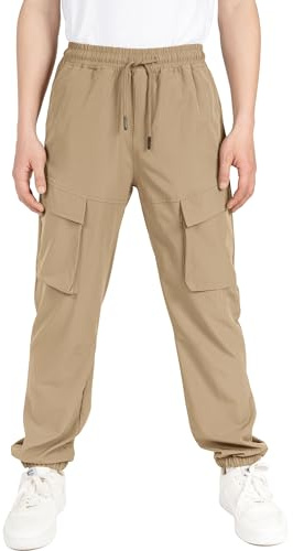 CAMLAKEE Niños Carga Joggers Pantalones luz Impermeable Correr Pantalone Fondos con Puños Elásticosr Caqui 12-13 Años Tamaño: 170