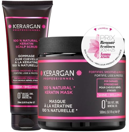 Kerargan - Duo Masque et Gommage Capillaire à la Kératine Pour Cheveux Abîmés et Stressés - Nourrit, Exfolie et Protège - Sans Sulfate, OGM, Huile Minérale - 500ml + 250ml