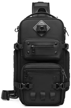 FANDARE Tactical Sling Bag Crossbody Backpack with Tripod Holder Chest Shoulder Bag for Men One Strap Motorcycle Chest Pack for Travel Hiking Waterproof Satchel Bag fit 10.5 inch Tablet Black