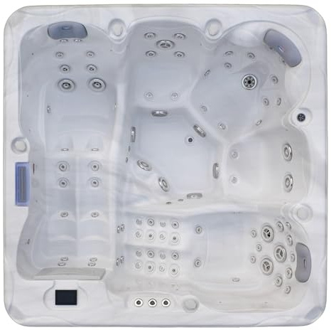 SANOTECHNIK Outdoor Whirlpool Hawaii White Marble, 5 Personen, 91 Düsen | Mit 3 Sitz- und 2 Liegeplätzen, BALBOA Touch-Steuerung, LED-Beleuchtung, Bluetooth, Wasserfall, Abdeckung und Stiege
