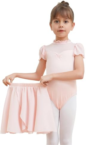 Dmwhsy 2 Stück Ballett Kleid für Mädchen Kurze Ärmel Gymnastik Kostüm mit Chiffon Tanz Wrap Rock Kinder Tanzbekleidung Set
