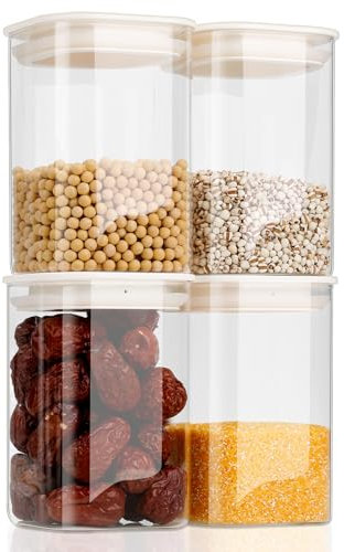 Cozary 1100ml Barattoli Vetro con Coperchio ABS, Set di 4 Quadrati Contenitori Vetro per Alimenti, Impilabili e Lavabili, Barattoli Ermetici in Cucina/Dispensa per Noci, Cereali