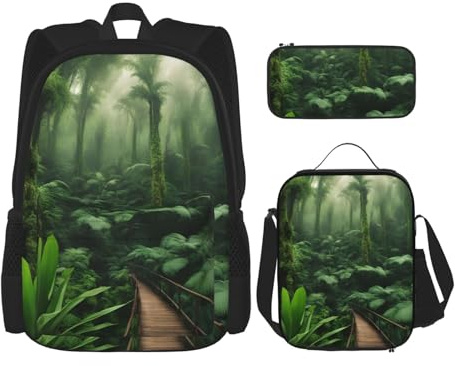 OXKGHHO Juego de mochila de trabajo con estampado de selva tropical con lonchera aislada, correas ajustables, para gimnasio y uso diario, Negro -, Talla única