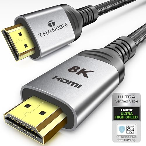 THANDBLE 10K 8K HDMI 2.1 Cable 2M/6.6 FT, 48Gbps Certified Ultra High Speed HDMI® Cables Cord, 8K@60Hz 4K@120Hz DTS:X, HDCP 2.2&2.3, HDR 10, eARC 12Bit Compatible for Laptop/Monitor/PS5/Xbox/UHD TV/PC