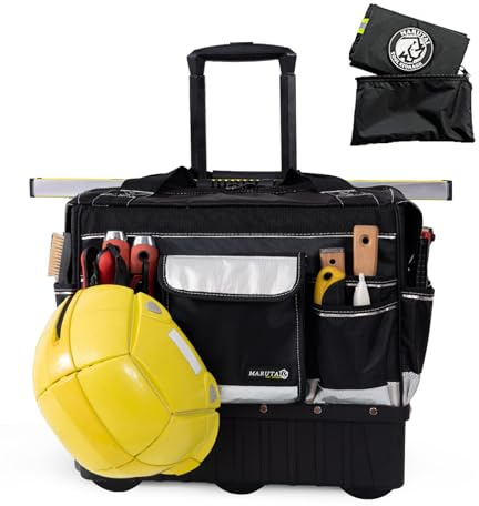 MARUTAI 46cm (18-Inch) Tool Bag with wheels, 40 Pocket Tool Organizer | with waterproof cover, wide-opening design, reinforced base, bright yellow interior allows for quick access to tools