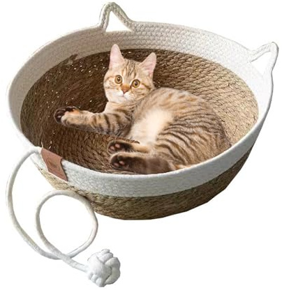 Flanliy Katzenbett mit Seilball, Katzenkorb Rattan, 47x47x16 cm Handgewebtes Baumwollseilen Katzenkörbchen, Rund Katzenkorb zum Schlafen, Katzenbett für Drinnen für Katzen (A, L)