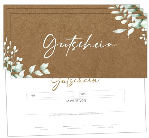 Gutscheinkarten zum Selbstausfüllen (50er Set, DIN Lang) | Blanko Gutschein zum Ausfüllen als Vorlage für Massage, Kosmetik, Friseur und andere | Gutscheinvorlagen Neutral und Edel