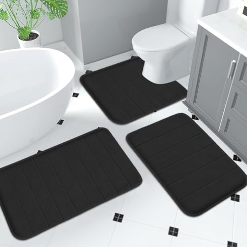 Badezimmerteppich Set 3-teilig, Badvorleger Rutschfest, Badematten-Set für das Badezimmer, Rutschfest Waschbar, Badezimmer-Teppich, Bad-Vorleger, für Dusche, Badewanne&WC, Badematte Sets (Schwarz)