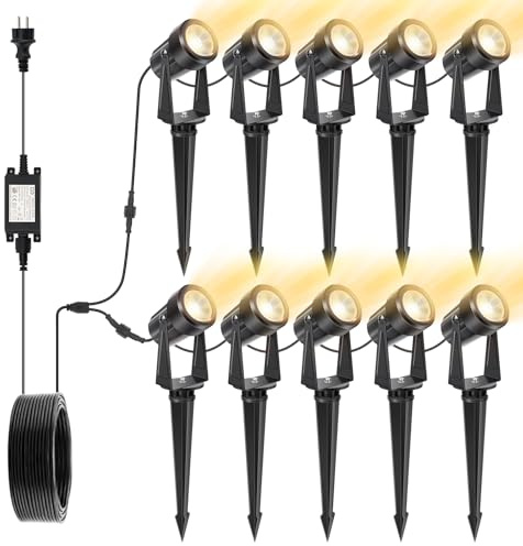 NIORSUN Gartenbeleuchtung LED, Warmweiß 3000K LED Strahler, IP67 Wasserdichter Gartenstrahler, 32 m 27 V Gartenleuchten mit Adapter, Gartenlampen für Draußen für Garten, Hof, Bäume(10er-Pack)