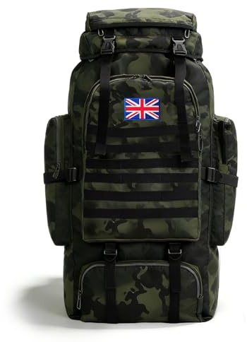 Lesbyit 80L Waterproof Hiking Backpack, Lightweight Tactical Rucksack for Camping & Travel, Waterproof Rucksack Safety Whistle Chest Strap, Large Capacity with 2 British Flags, Nocturnal Camouflage
