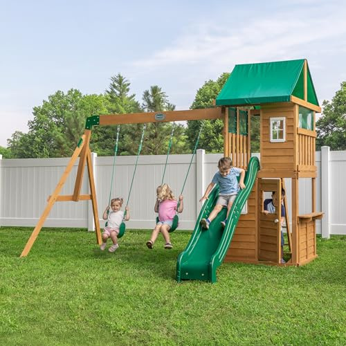 Backyard Discovery Fall River Nordic Spruce Swing Set with Wave Slide, Clubhouse, Playhouse, Snack Bar Window, Belt Swings, Full Front Door, Windows, Step Ladder, Canopy Roof, Outdoor Playset