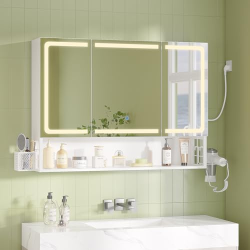 FORABAMB Specchio Bagno 90x16x70 cm con Illuminazione LED regolabile e Presa Multipla, Specchiera Bagno con Ripiani Regolabili, Mobiletto Bagno con Specchio Grande HD e Ripiano Portaoggetti