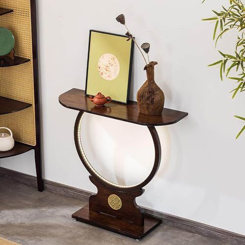 Nordivo Tavolo Consolle a Mezzaluna per Divano, Tavolo Altare in Stile Cinese Moderno con Base Circolare, Tavolo Stretto Dietro Divano con Illuminazione Calda, per Soggiorno(L80cm/31in)