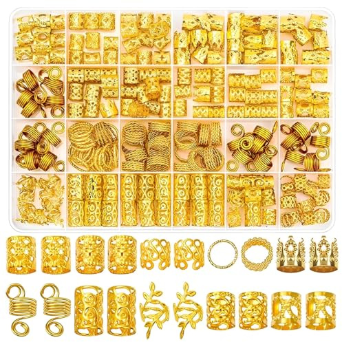 XEPWOLU 220 Stück Gold-Haarschmuck Für Zöpfe, Verbesserte Version Mit Aufbewahrungsbox, Loc Schmuck Für Haar-Dreadlock, Haaranhänger Für Frauen, Manschetten-Clips Für Haar-Zöpfe, Dreadlock-Zubehör