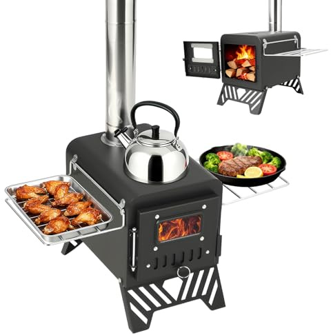 SaftSpzre Portable Camping Wood Stove With 5 Chimney Pipes, Wood Burning Tent Stove With Side Shelves & Viewing Window, Stainless Steel Rocket For Outdoor Cooking, Log Burner For Camping Hiking Black