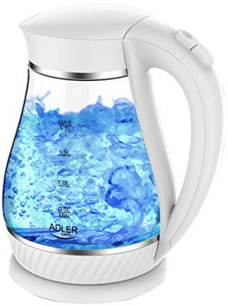 Adler AD1274B Hervidor de Agua Eléctrico de Cristal 1,7 Litros, Vidrio sin BPA, Retroiluminado, Apagado Automático, Inalámbrico 360º sin Cable, 2200W