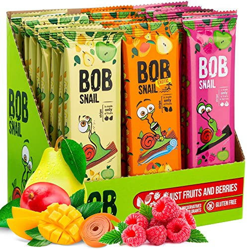Bob Snail Vegan Sweets Variety Fruit Bars - 30 Healthy Snacks Individually Packed for Children and Adults with Mango Raspberry Pears and Apple - Sugar-Free Low Carb Low Calorie Sweets