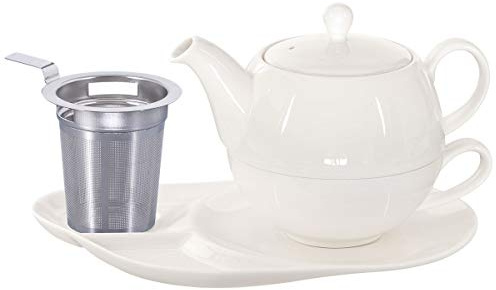 Buchensee Tea for One mit Sieb Lena 500ml aus Crystal Bone China Porzellan in fein-cremigem Weiß. Teekanne + Teetasse + Untersetzer mit Ablageflächen