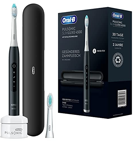 Oral-B Pulsonic Slim Luxe 4500 Elektrische Schallzahnbürste/Electric Toothbrush, 2 Aufsteckbürsten, 3 Putzmodi für Zahnpflege und gesundes Zahnfleisch, Reiseetui, Designed by Braun, matt schwarz