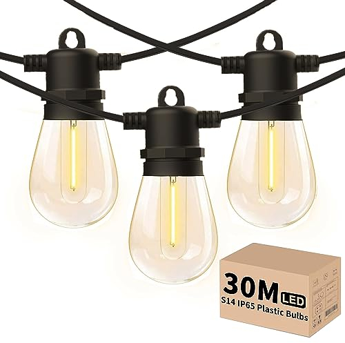Yuucio S14 100FT Catena Luminosa Esterno Di Luci A Led Da 30m Per Esterni Impermeabile IP65 Con 30+2 80lm 1W Lampadina In Plastica 2700 K Luce Bianca Calda Per Giardino Terrazza Matrimoni