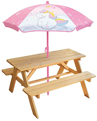 FUN HOUSE Licorne Table pique-nique en pin H.53 x l.95 x P.75 cm avec parasol H.125 x ø 100 cm - Pour enfant