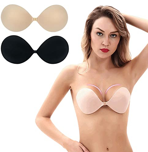 2 Pezzi Reggiseno Adesivo Push Up (Colore Nudo + Nero), Reggiseno Schiena Scoperta Senza Spalline, Copri Capezzoli Donna, Coppe Adesive Seno Silicone, Coppette Boob Sposa Vestito - Seno Piccolo -A Cup