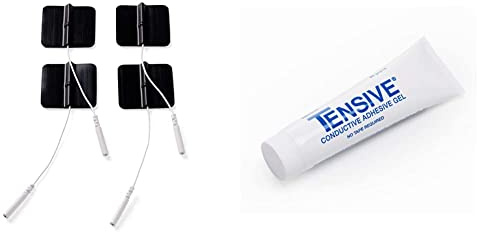 Promed Carbon Dauerelektroden 40 x 40 mm, 4 Stück, selbstklebende Elektroden mit 2mm-Stecker-Anschluss für TENS EMS Reizstromgeräte & Tensive Kontaktgel für TENS & EMS Carbon Dauerelektroden