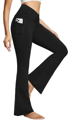 baleaf Women's Flare Leggings with Pockets Crossover Flared High Waist Petite Yoga Pants Tummy Control Bootcut Leggings Black 29 S
