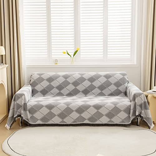 LHGOGO Rautenmuster Sofaüberwurf Decke Umkehrbare großer Couch Überwurf Sofa Cover dekorativer Sofabezug Sofadecken zum Abdecken Tagesdecke mit Quasten - Hellgrau, 180x230cm