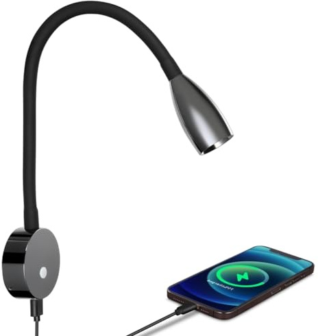 acegoo Leselampe 12V Wohnmobil LED Dimmbar Spot Bett Lampe mit USB-Schnellladegerät, Flexible Schwanenhals Nachttisch DC 24V 3200K, für Boot Wohnwagen Camper Van Yacht (Glanz Schwarz)