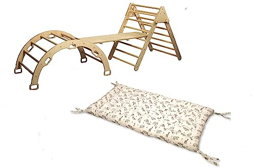 Montessori Kletterset | Kletterdreieck Kletterbogen & Leiter Rampe | Kletterbogen mit Kissen | Holz Kletterset mit Kissen | Klettergerüst Set mit Rampe und Kissen (Origami)