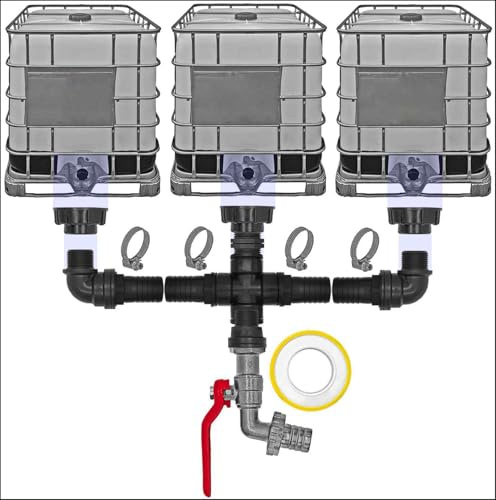 MegaHaustechnik Verbinder Set 3 IBC Tanks, Zubehör Auslaufhahn Zink | S60x6 Grobgewinde Ø 60 x 6mm Gewindesteigung Container, Schellen, Dichtband, Schlauchtülle-Außendurchmesser 20mm
