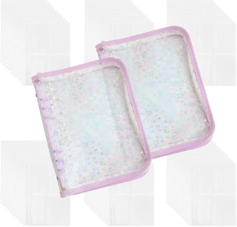 A5-Ringbuch-Notizbuch mit 60 Nachfüllseiten mit 4 Taschen, PVC-Kpop-Fotokartenhalter mit Reißverschluss, 25,4 x 17,8 cm, Glitzersterne, Lila, 2 Stück