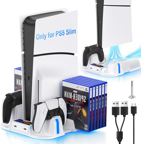 Nepagz Ladeständer für PS5 Slim(Disc/Digital Edition), Lüfter und PS5 Controller Ladestation, PS5 Slim Multifunktionaler Vertikaler Ständer mit Headset-Ständer und Aufbewahrung für Discs, Schwarz
