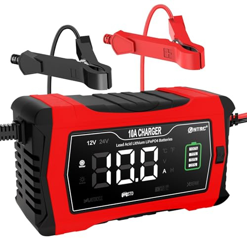 HTRC 10A Caricabatteria da Auto 12V/24V Multi Protezioni e Mantenitore, Intelligente Schermo LED Completamente Automatico, per Batterie al Lithium LiFePO4 e Piombo Acido(AGM, GEL, MF, EFB, Ecc)